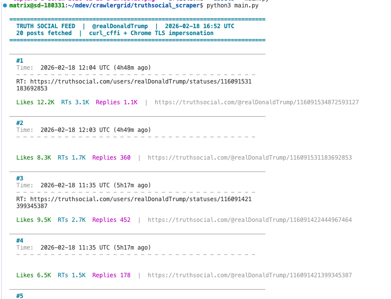 Sortie console du scraper Truth Social — posts de @realDonaldTrump avec métriques d'engagement